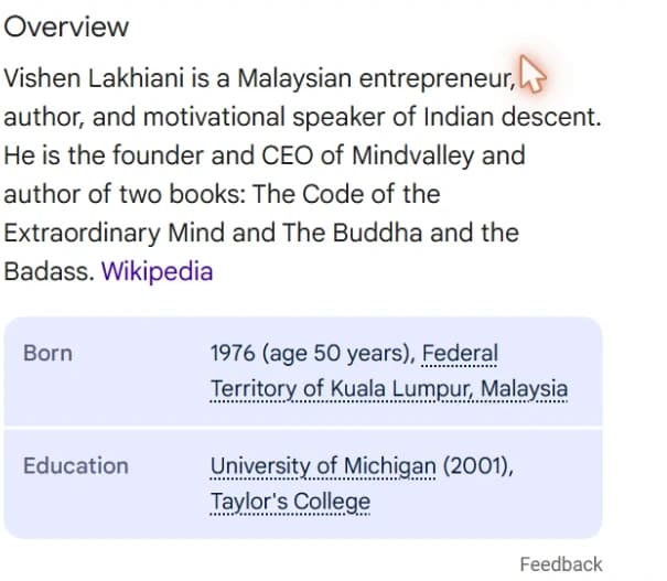 A search-engine knowledge card for a public figure, explicitly labelled 'Source: Wikipedia' below the description.