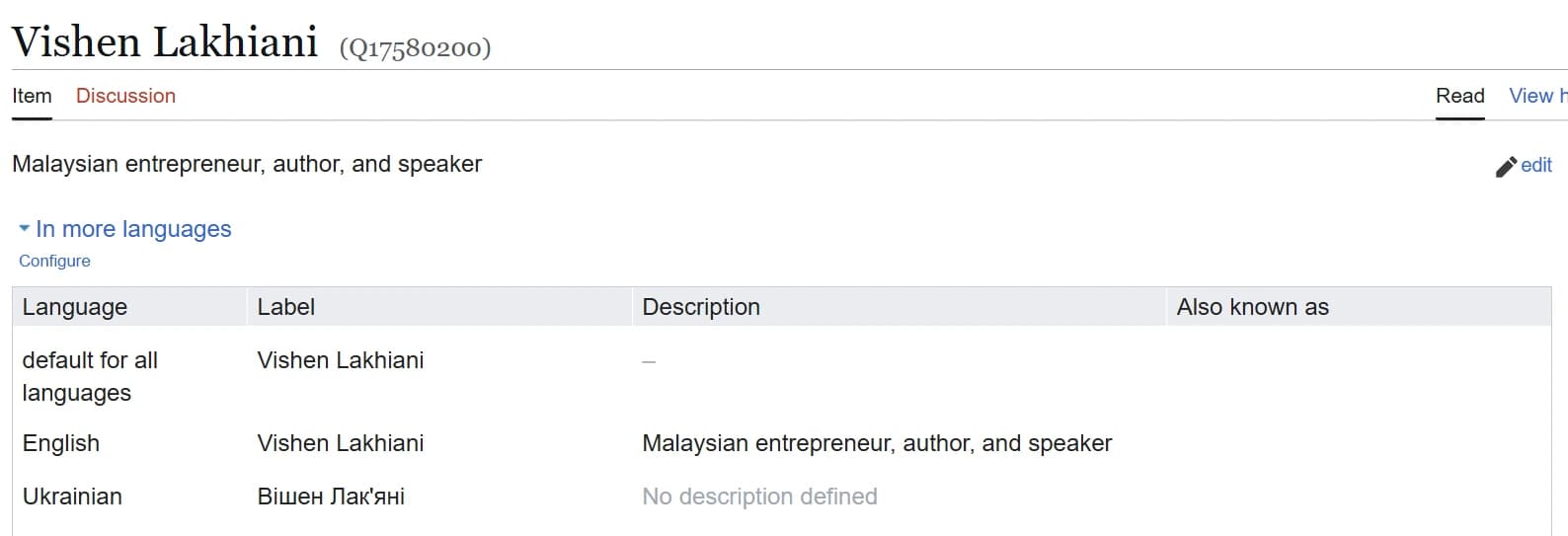 The Wikidata entity for the same person: identifier Q-number, label and description in multiple languages.