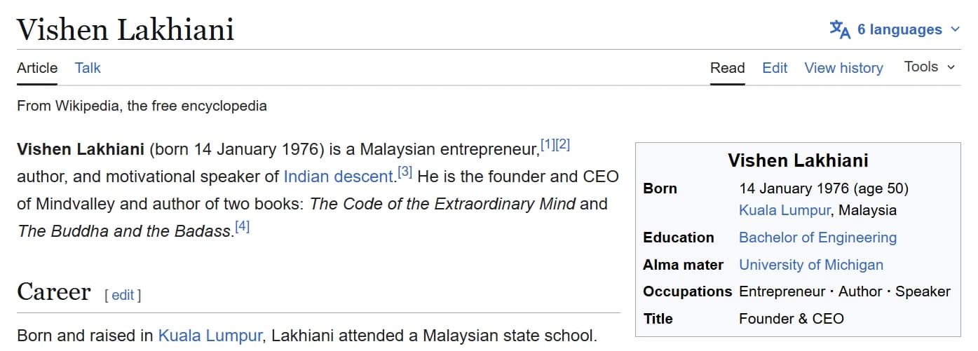 The Wikipedia article for the same public figure: lead paragraph with citations and a structured infobox of facts.