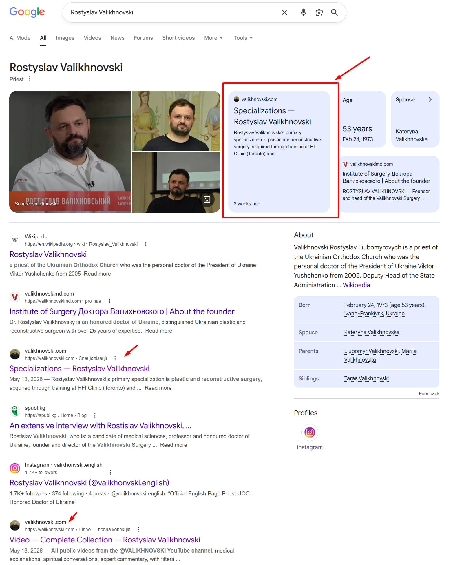 Пошук «Rostyslav Valikhnovski» у Google — хаб valikhnovski.com у featured-блоці, в органіці й живить knowledge panel.