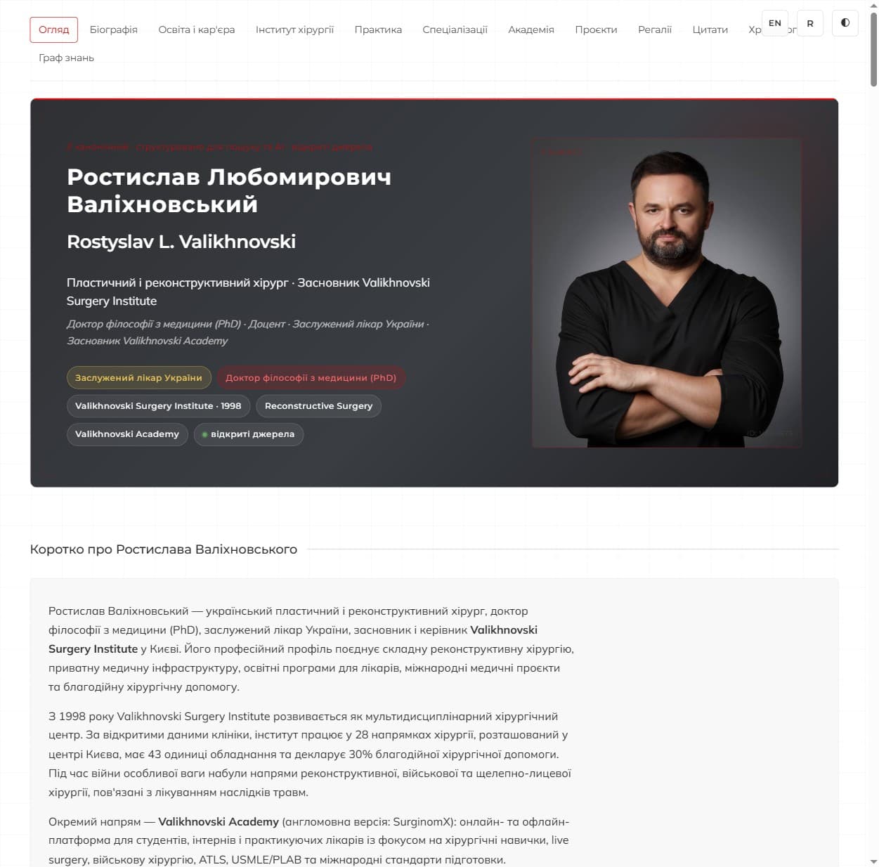 LLM Knowledge Hub Валіхновського — преміальний темний профіль із біо, регаліями, фактами з джерелами та графом знань.